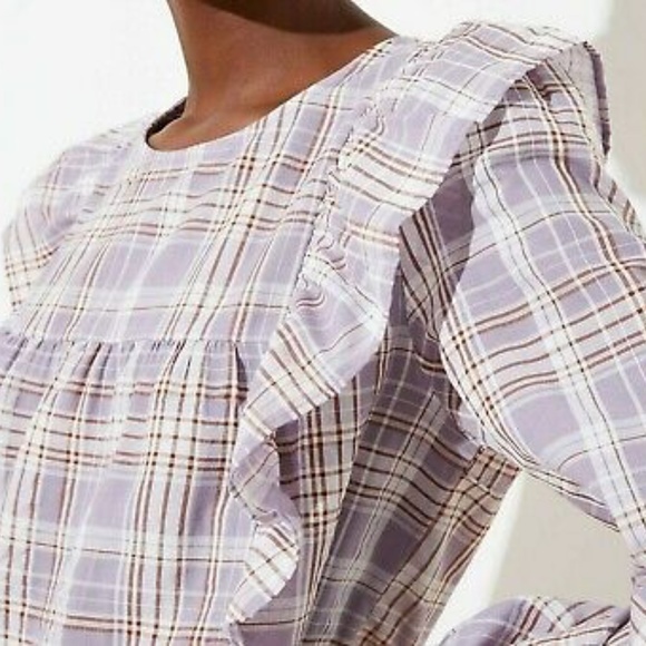 NWT LOFT Plaid Ruffle Cropped Blouse in Lavender - Picture 2 of 7